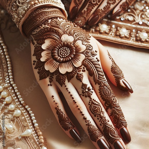 Elegant Mehndi Design Adorning a Hand in Traditional Brown Henna Color