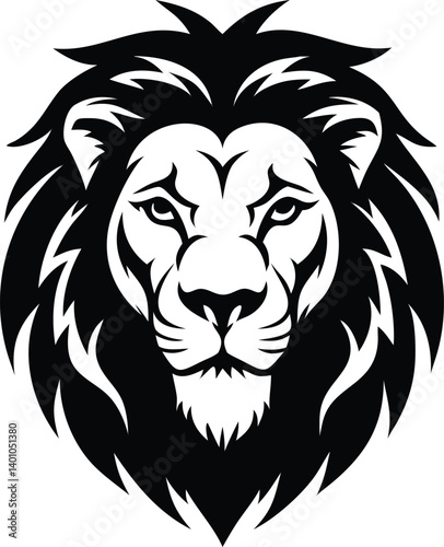 Lion Head Front, Animal Black Silhouette, Illustration, White Background