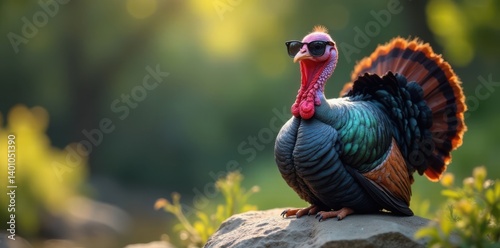 Turkey wearing shades and sitting on a rock with a peaceful expression, relaxation, turkey
