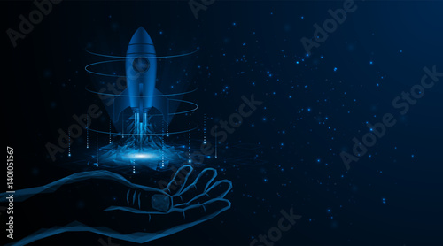 Abstract hand is launching a rocket. concept for starting a startup business. The growth or success of the company. Digital technology development project