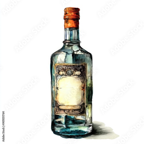 Hand-painted illustration of a vintage liquor bottle.  Detailed watercolor style depiction of a glass bottle with a decorative label.  A vintage aesthetic