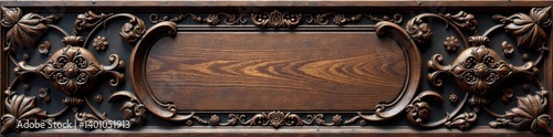 Wooden panel with intricate carvings in dark wood background, mysterious, dimlylit photo