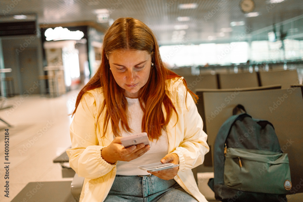Close up of businesswoman checking flight ticket on phone while holding passport and boarding pass. Woman hand checking online travel plane ticket on mobile phone. High quality photo