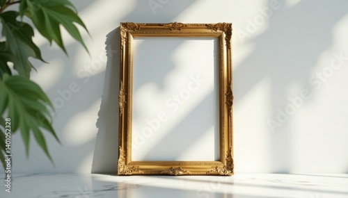 Antique golden picture frame sits atop a white marble surface surrounded by shadows, decor, interior design