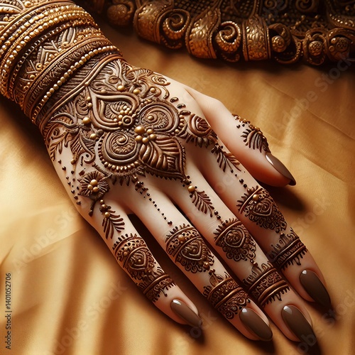 Elegant Mehndi Design Adorning a Hand in Traditional Brown Henna Color