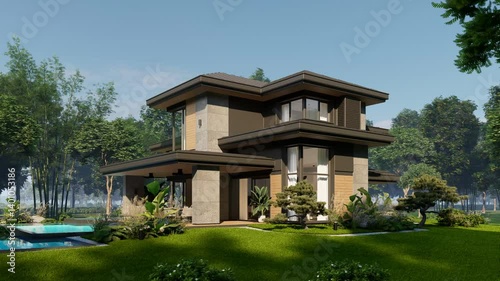 4K video rendering of modern two story house with gray and wood accents, large windows for sale or rent in luxurious style. Clear sunny summer day with blue sky.