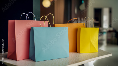 Modern paper shoping beg on the table various colour 4 pice bacground white
