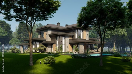 4K video rendering of modern two story house with gray and wood accents, large windows for sale or rent in luxurious style. Clear sunny summer day with blue sky.