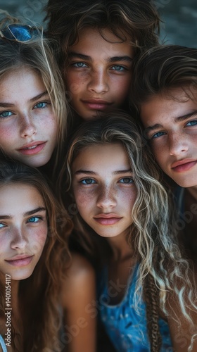 Group of young friends with blue eyes enjoying a sunny day at the beach in summer, capturing a moment of joy and connection
