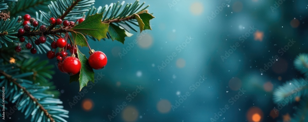 Swinging holly berries and red berries on a blue Christmas tree branch, blue, christmas Swinging holly berries and red berries on a blue Christmas tree branch, blue, christmas