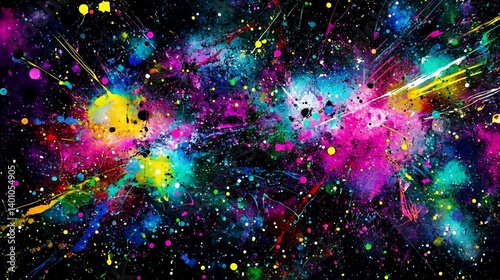 Vibrant, cosmic-inspired abstract paint splatter artwork