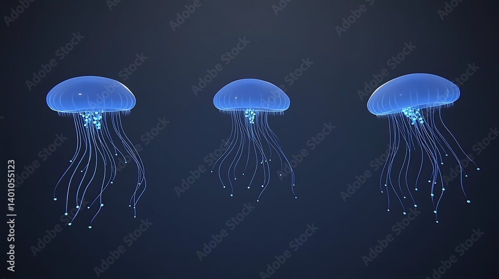 Three translucent jellyfish adrift in the deep blue. Three translucent jellyfish adrift in the deep blue.