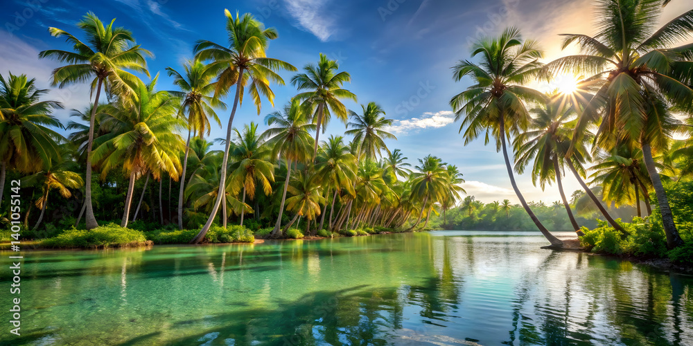 Coconut trees swaying over a sunlit tropical lagoon Coconut trees swaying over a sunlit tropical lagoon