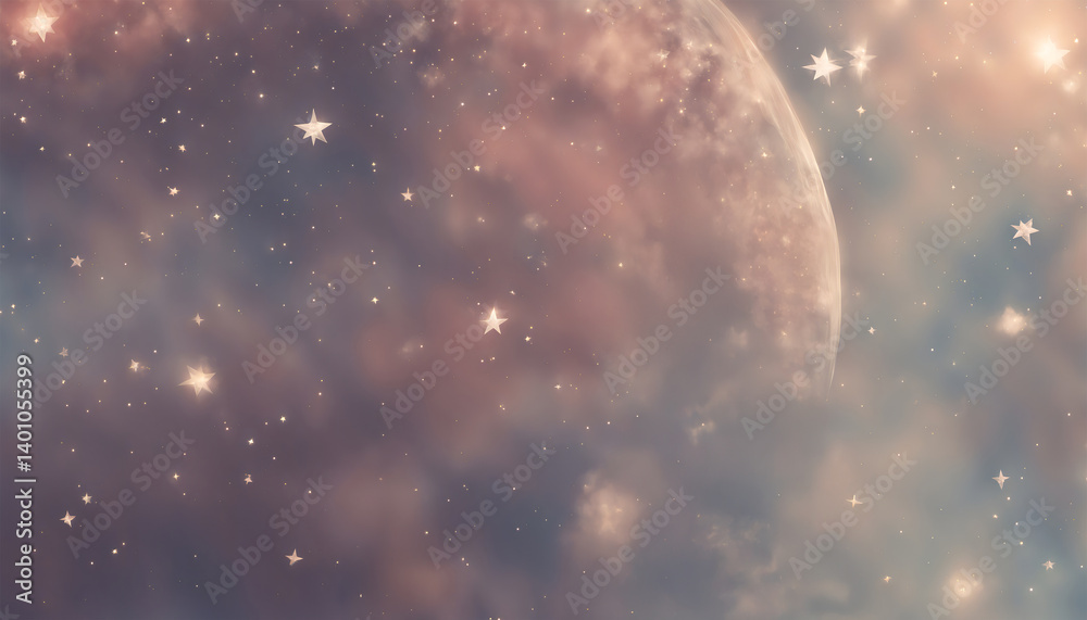 Obraz premium Abstract Background of Super Moon with Stars and Particles, Space, Pastel Colors, Dreamy Fantasy Theme, for Graphic Design, or Desktop Wallpaper