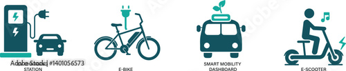  Eco-Friendly Transportation Icon Set eco transport, electric car, ev charging, e-bike You can easily change the color..