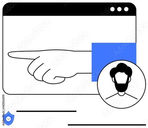 Hand pointing in a browser window, user avatar icon, and security shield. Ideal for user navigation, security, UIUX, identity, protection access control communication. Flat simple metaphor