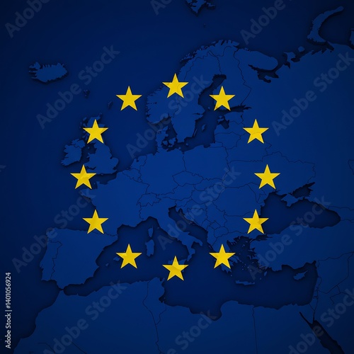 A visual representation of Europe featuring the iconic European Union (EU) star emblem on a detailed map of the continent. The blue backdrop and golden stars embody the spirit of unity, solidarity.