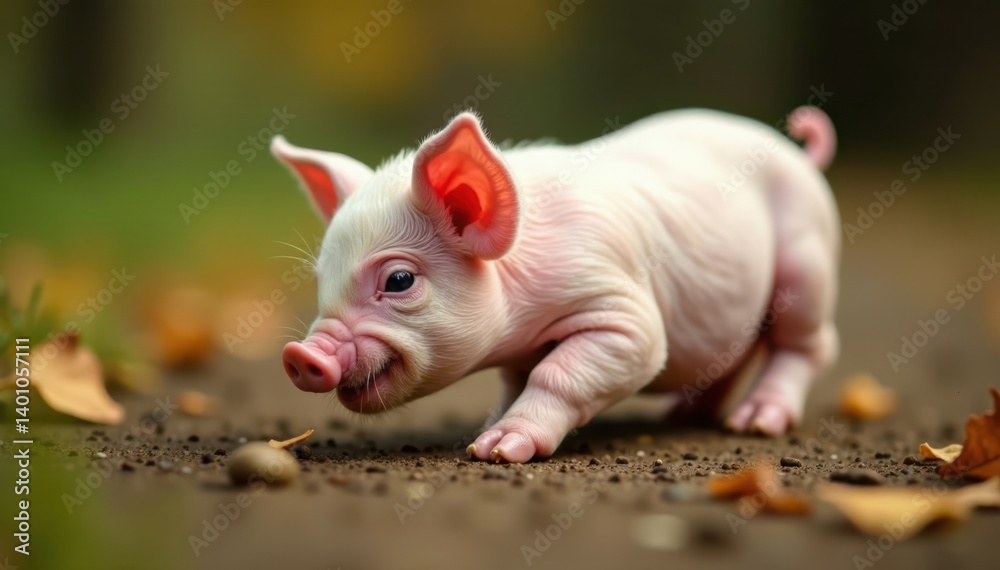 A single piglet rolling on the ground with its snout , grassy field, farm animals A single piglet rolling on the ground with its snout , grassy field, farm animals