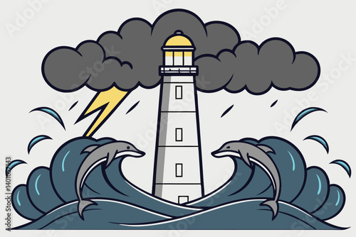 Lighthouse Illustration Dolphins and Stormy Ocean Scene Adobe Illustrator Artwork