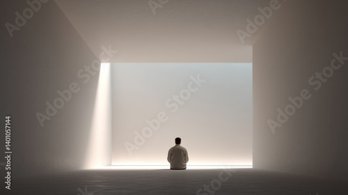 person sits alone in minimalistic room surrounded by soft light and empty walls emphasizing solitude