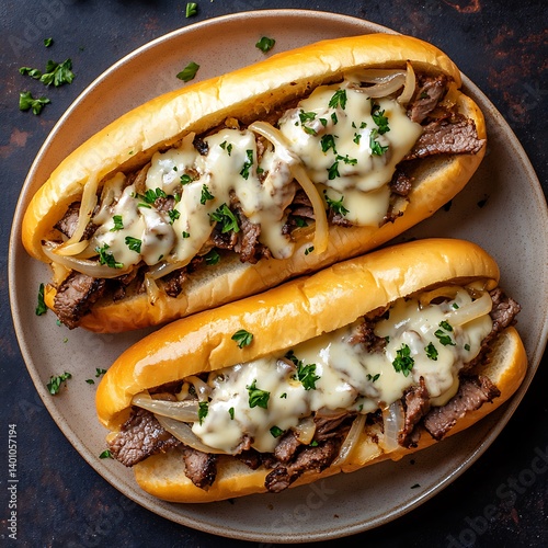 Philly Cheesesteak Sandwiches Top View on Ceramic Plate – Grilled Steak, Cheese & Onion on Dark Background