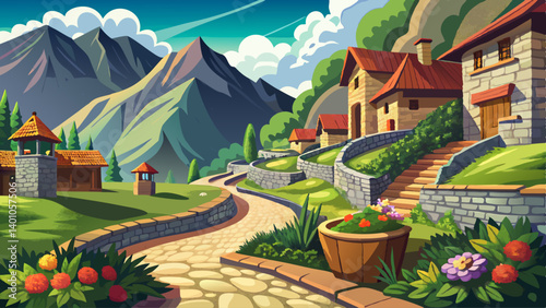 Winding paths lead through a mountain hamlet, with flower boxes and stone walls