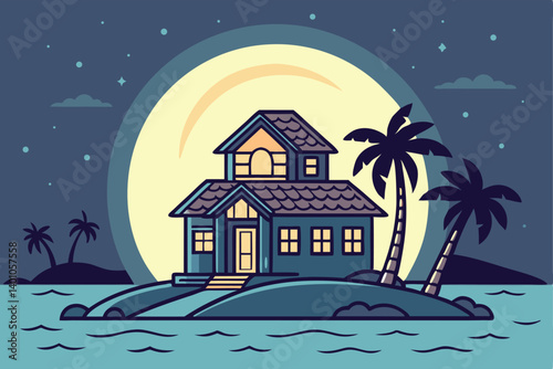 Nighttime Island Scene Peaceful Tropical Moonlit Design Adobe Illustrator Artwork
