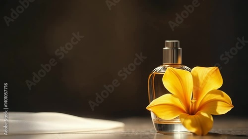 Beauty industry. Unveiling Elegance: A Human Hand Lifting a Sheer Veil to Reveal a Luxurious Perfume Bottle with a yellow flower next to it on brown background
