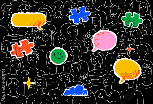 A crowd of stylized figures drawn with white lines on a dark background and with colorful speech bubbles, puzzle pieces, stars and a smiley face. A symbol of communication, interaction and cooperation