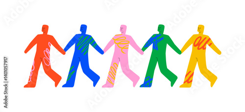 A vivid illustration with five stylized figures walking behind each other and holding hands, each painted in different colors with abstract scribbles. A symbol of unity, partnership and interaction.