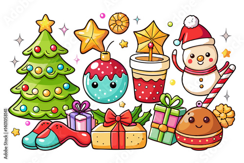 set of Beautiful hand drawn whimsical style Cute Christmas items, white background, vector illustration