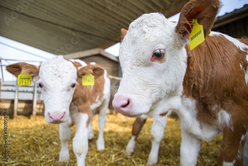 Portrait of a young calf on a dairy farm. Close-up.