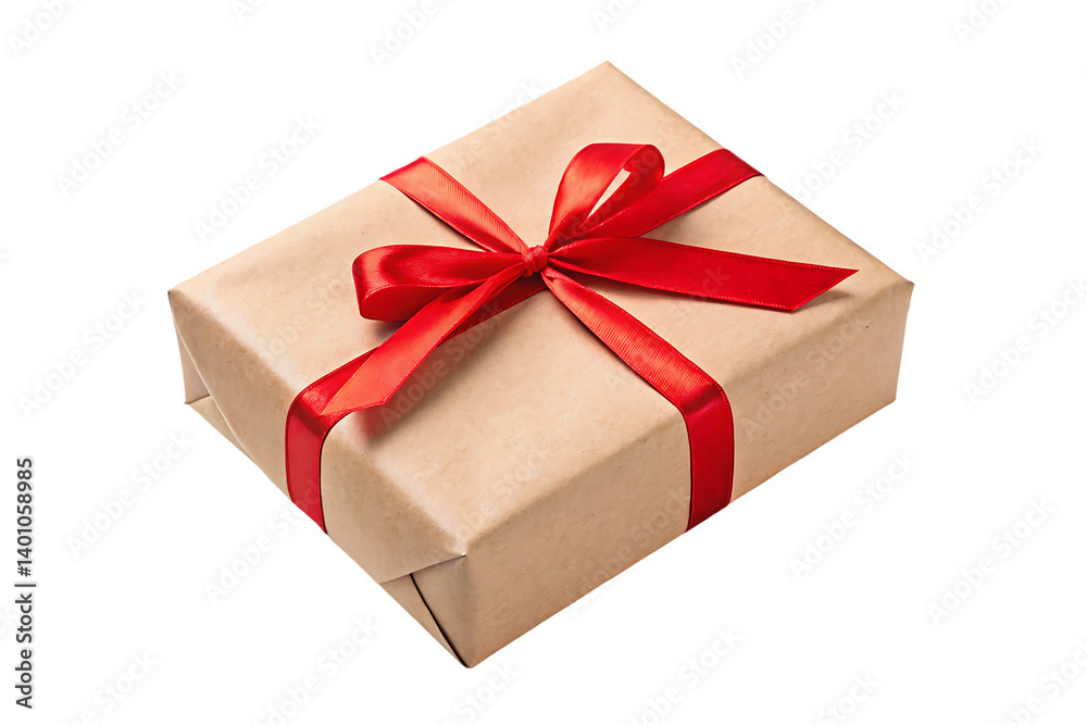 Obraz premium A gold gift box with a red ribbon and bow, isolated for any holiday celebration surprise