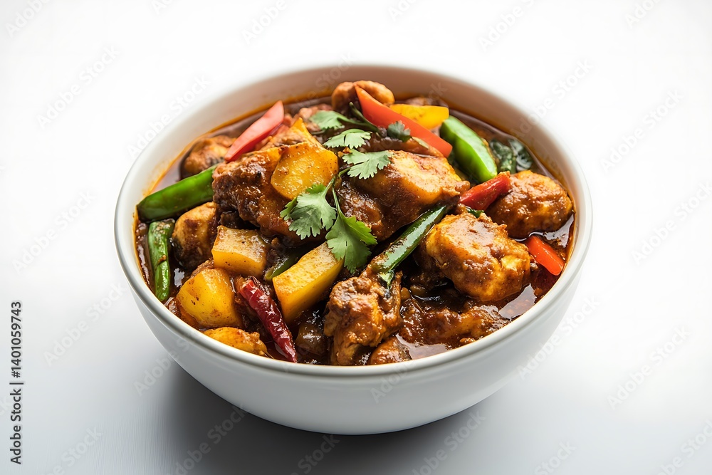 Bowl of Stir-Fried Chicken Masala with Vegetables on White Background – Spicy, Flavorful Indian Dish Bowl of Stir-Fried Chicken Masala with Vegetables on White Background – Spicy, Flavorful Indian Dish