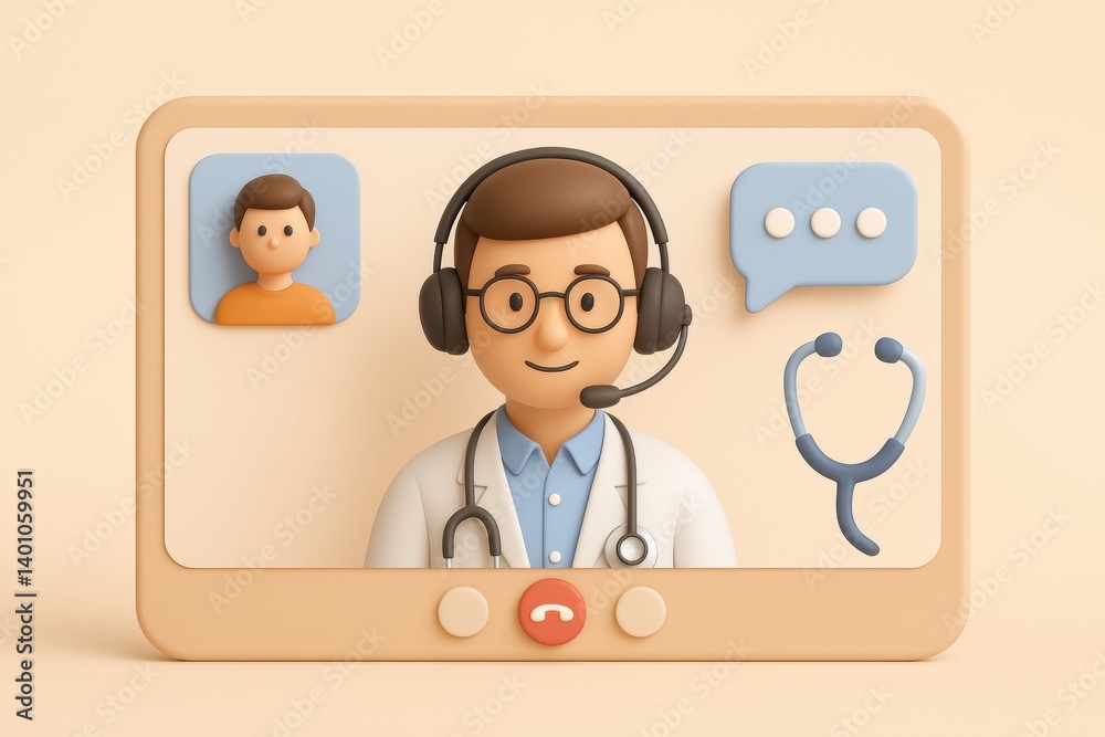 Digital Doctor's Consultation: A 3D render of a doctor consulting with a patient via a digital platform, stethoscope, with chat bubble. Representing the future of healthcare and remote consultation. Digital Doctor's Consultation: A 3D render of a doctor consulting with a patient via a digital platform, stethoscope, with chat bubble. Representing the future of healthcare and remote consultation.