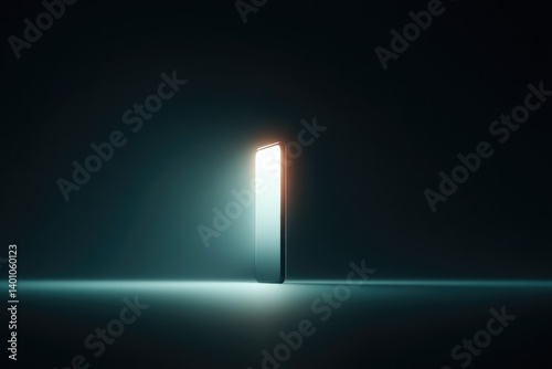 solitary smartphone glows in dark surrounded by vast negative space embodying digital dependence