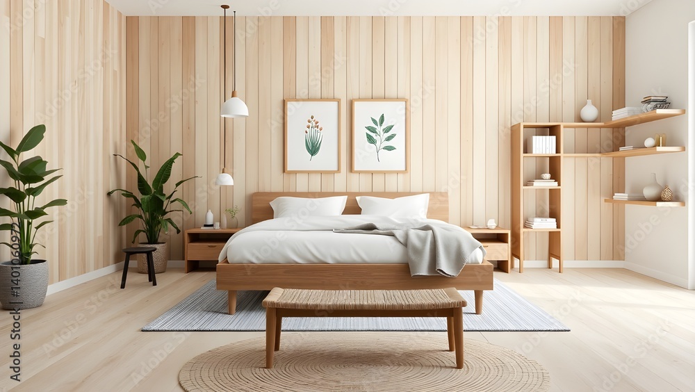 Fototapeta premium Blue knot pillow on wooden bed in modern bedroom interior with patterned armchair.
