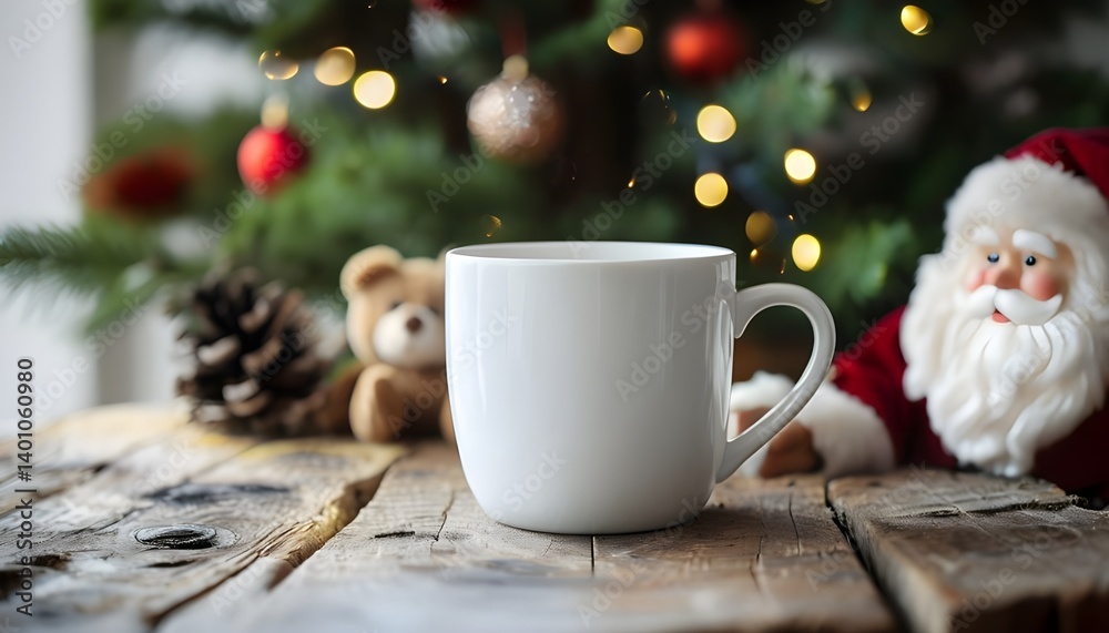 Obraz premium Cozy Christmas Scene with Coffee Mug, Teddy Bear, Santa Decoration, and Pine Cones For Mockup