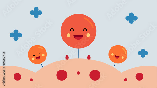 Inflammation Reduction A depiction of inflamed skin cells calming down as exosomes are introduced with happy smiling skin cells and a soothing aura around them.