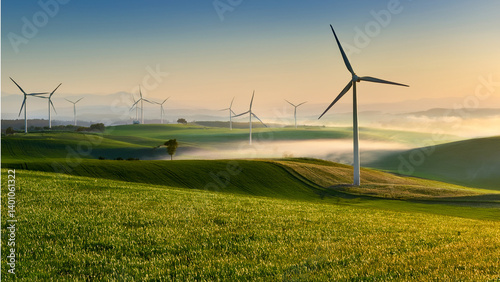 Clean energy landscape with fog and softly lit countryside