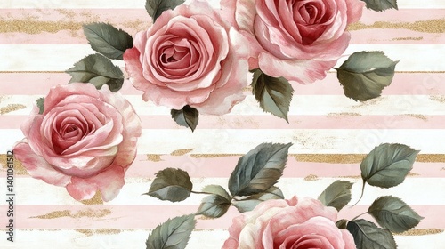 Delicate, pastel pink roses on a striped background.  Soft watercolor style