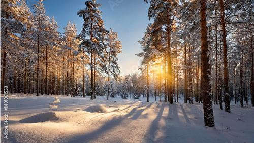 Frosty woodland landscape under soft golden sunrise.