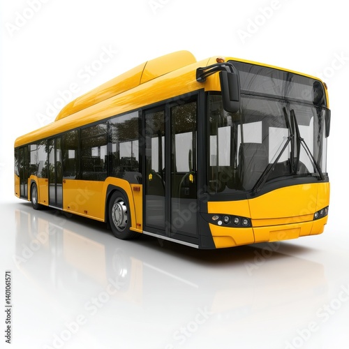 A yellow city bus with black trim isolated on white background