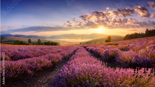 Golden hour over lavender field with soft light and dreamy haze