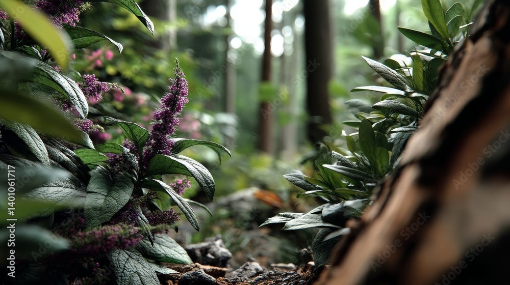 Lush Forest Undergrowth with Purple Blooms Tranquil Woods Nature Photography Serene Environment Close-up View Vibrant Ecosystem Lush Forest Undergrowth with Purple Blooms Tranquil Woods Nature Photography Serene Environment Close-up View Vibrant Ecosystem
