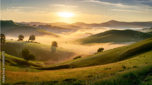 Misty sunrise over green hills with soft golden light and valley fog