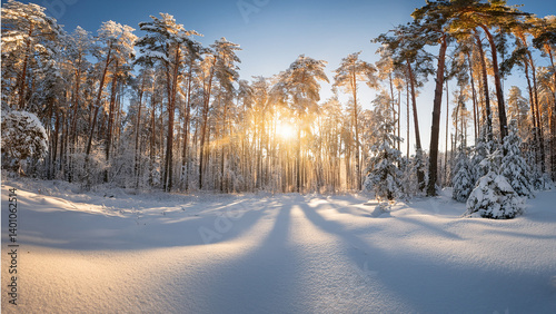 Snow-covered forest at sunrise with golden light and deep shadows