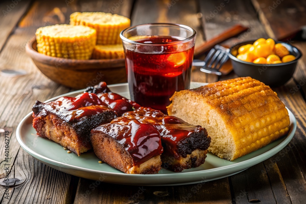 BBQ Plate Close-Up – Ribs, Cornbread & Red Soda
