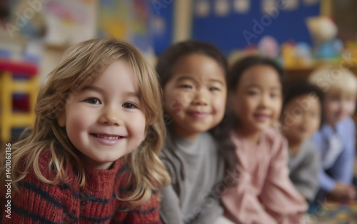 group of happy, multiethnic children sit together in classroom, smiling warmly. diverse group of kids is enjoying their time, showcasing sense of joy and friendship