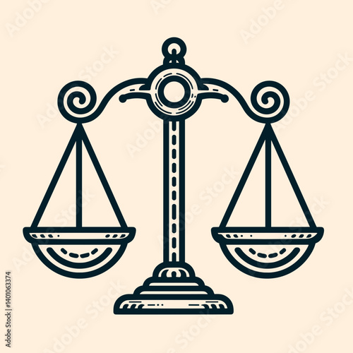 Vintage balance scale illustration on light background, symbol of justice and fairness